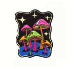 Close-up of Psychedelic Neon Mushroom Embroidery Pattern Detail on OROMEN T-Shirt