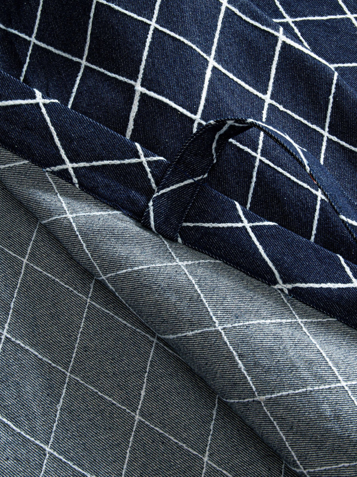 Close-up of adjustable front tie closures on navy Diamond Grid Haori Kimono