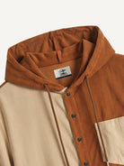 Close-up of attached drawstring hood and collar on OROMEN Canyon Corduroy Hooded Shirt