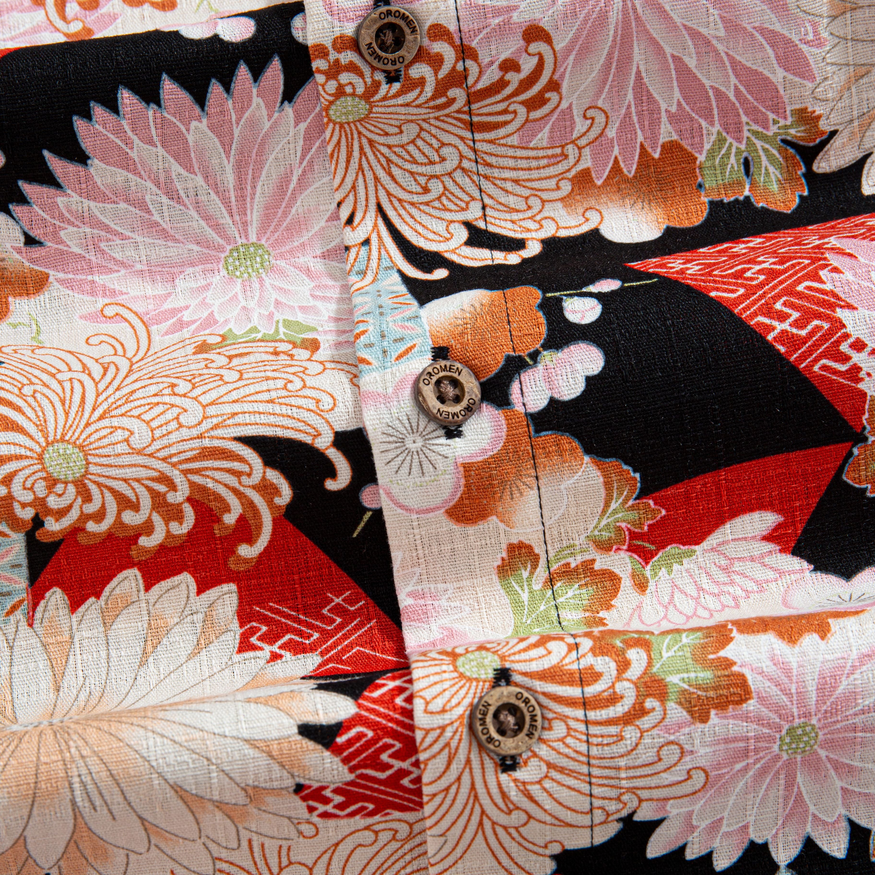 Close-up of chrysanthemum ukiyo-e print on cotton shirt