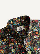 Close-up of classic button-down point collar on Sugar Skulls festival shirt