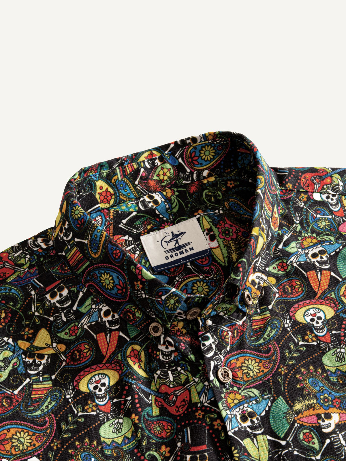Close-up of classic button-down point collar on Sugar Skulls festival shirt