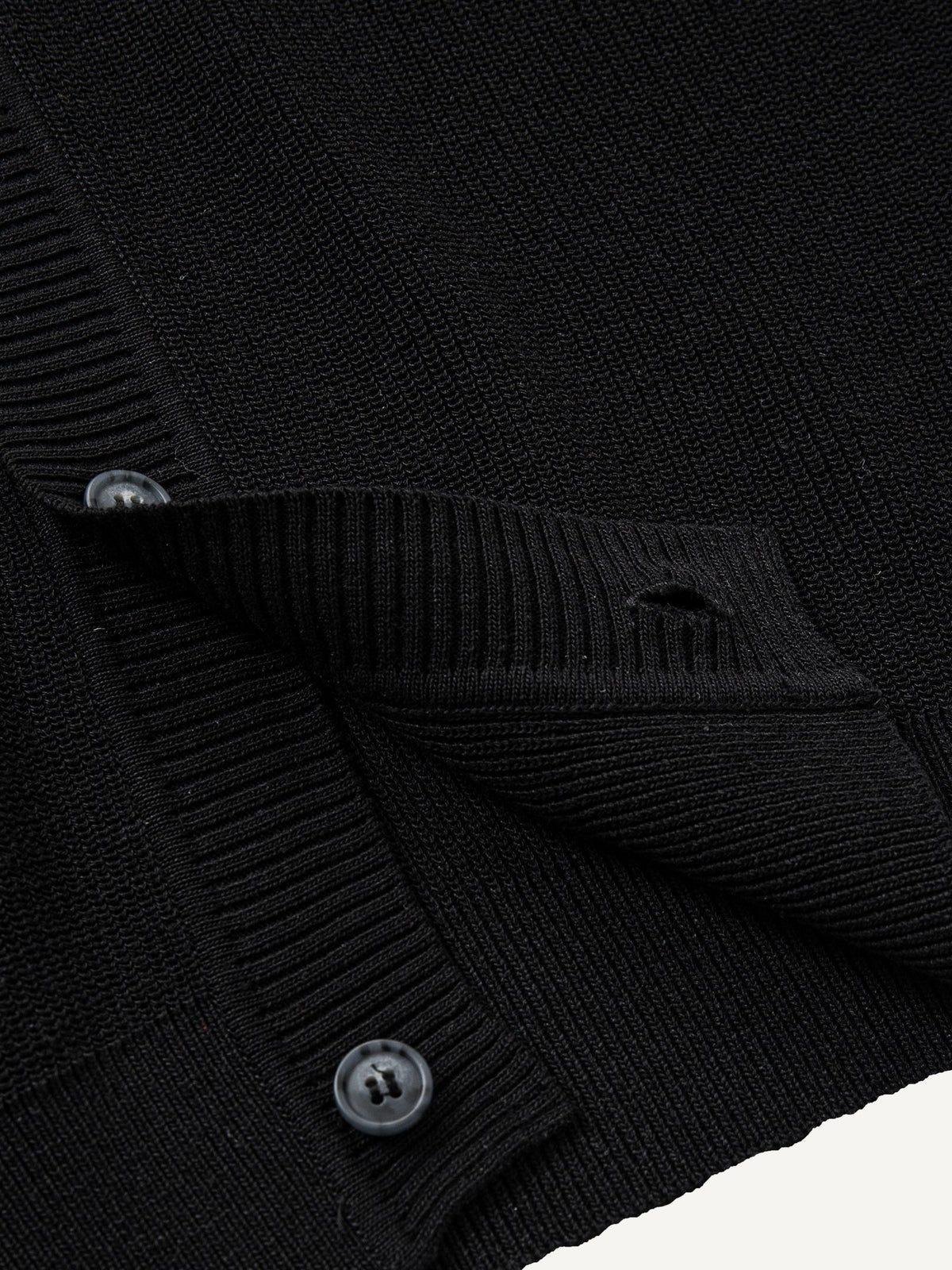 Close-up of clean ribbed hem on black contrast trim polo cardigan