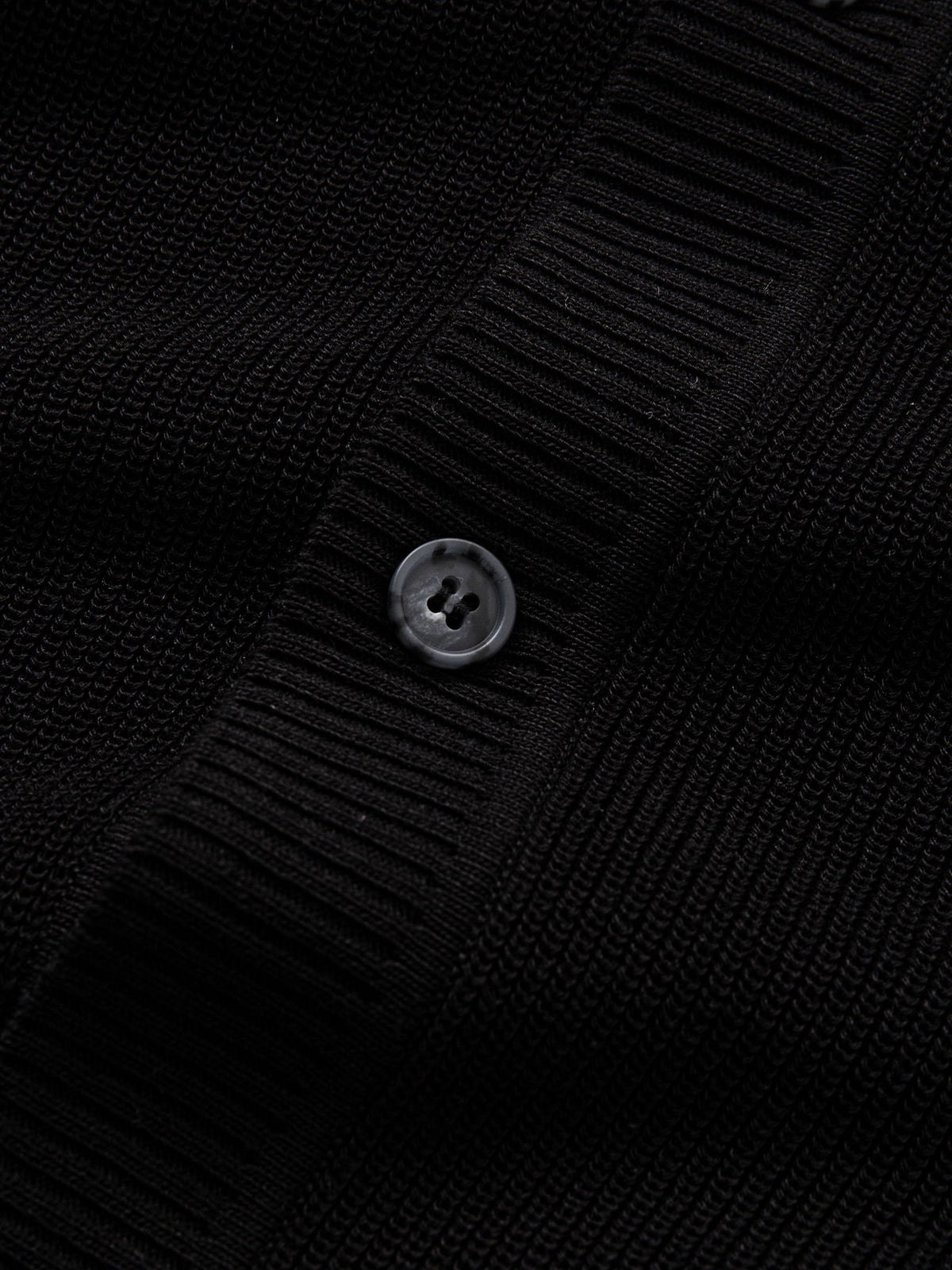 Close-up of front button closure along the placket on black polo knit cardigan