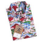 Close-up of hand-painted Ukiyo-e print with Mount Fuji and Sakura details on cotton shirt