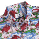 Close-up of hand-painted Ukiyo-e print with Mount Fuji and cherry blossom details on cotton shirt