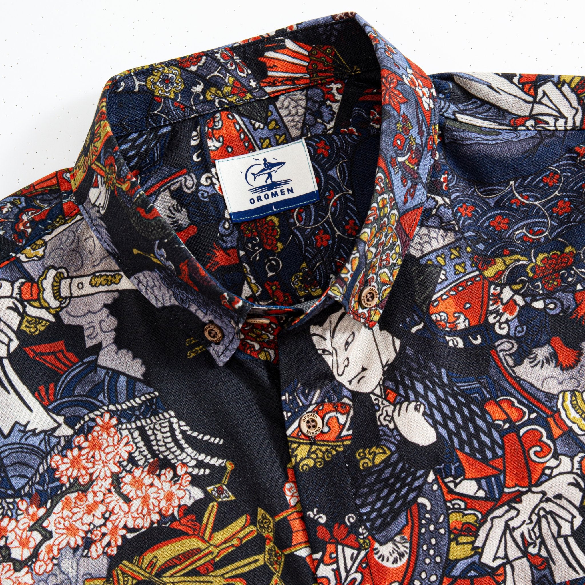 Close-up of hand-painted warrior elements on cotton Hawaiian shirt