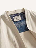 Close-up of kimono collar and neckline featuring interior indigo bandana accent patch