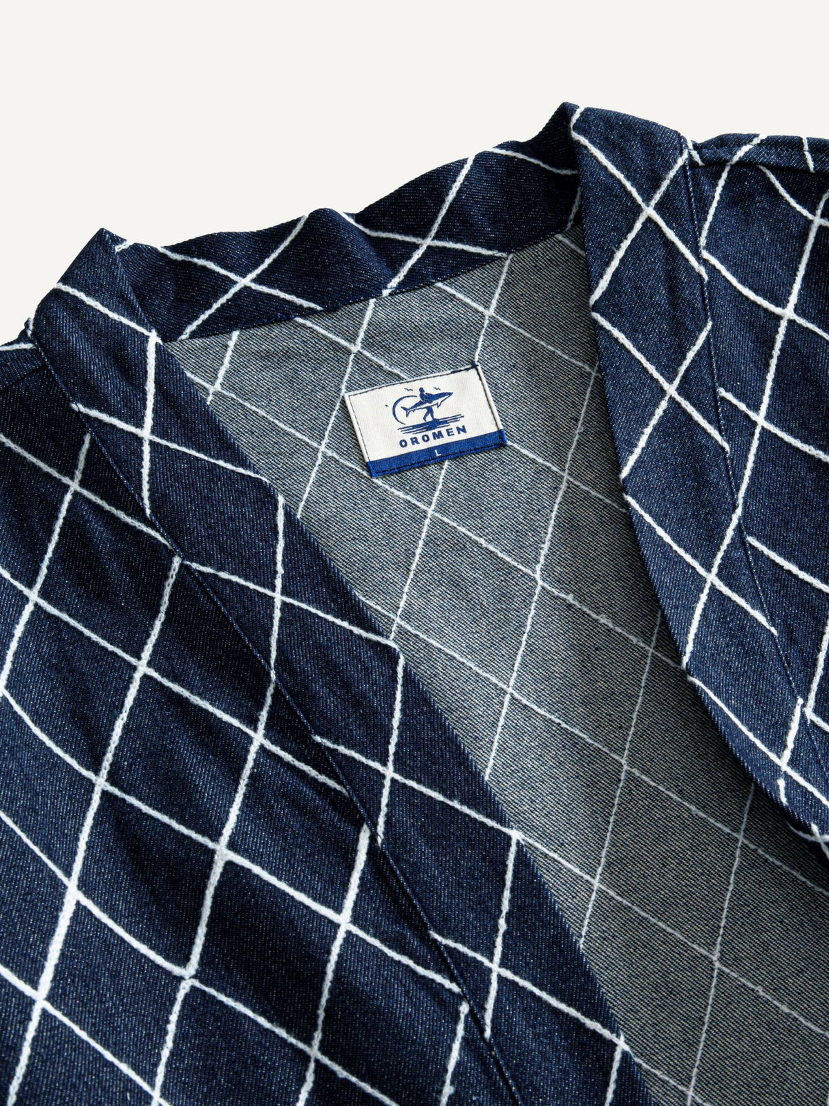 Close-up of traditional kimono collar and neckline on Diamond Grid Haori Kimono