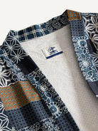 Close-up of traditional kimono collar and neckline on Indigo Asanoha Patchwork Haori Jacket