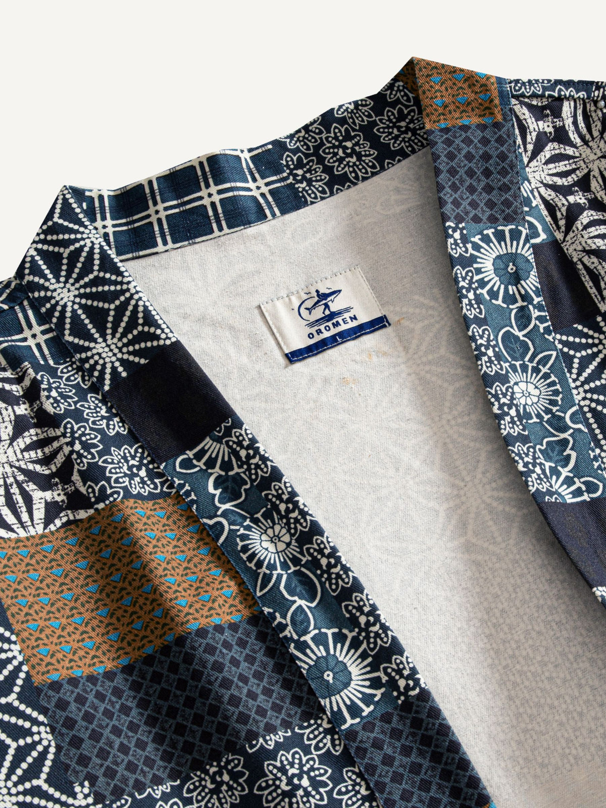 Close-up of traditional kimono collar and neckline on Indigo Asanoha Patchwork Haori Jacket