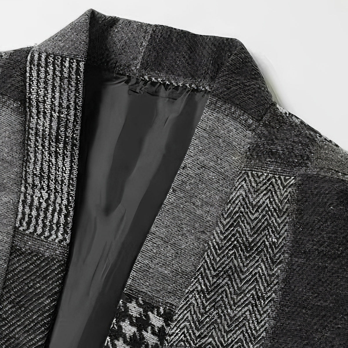 Close-up of OROMEN KIMONO021 collarless neckline, grey houndstooth patchwork fabric at collar edge, clean open-front finish