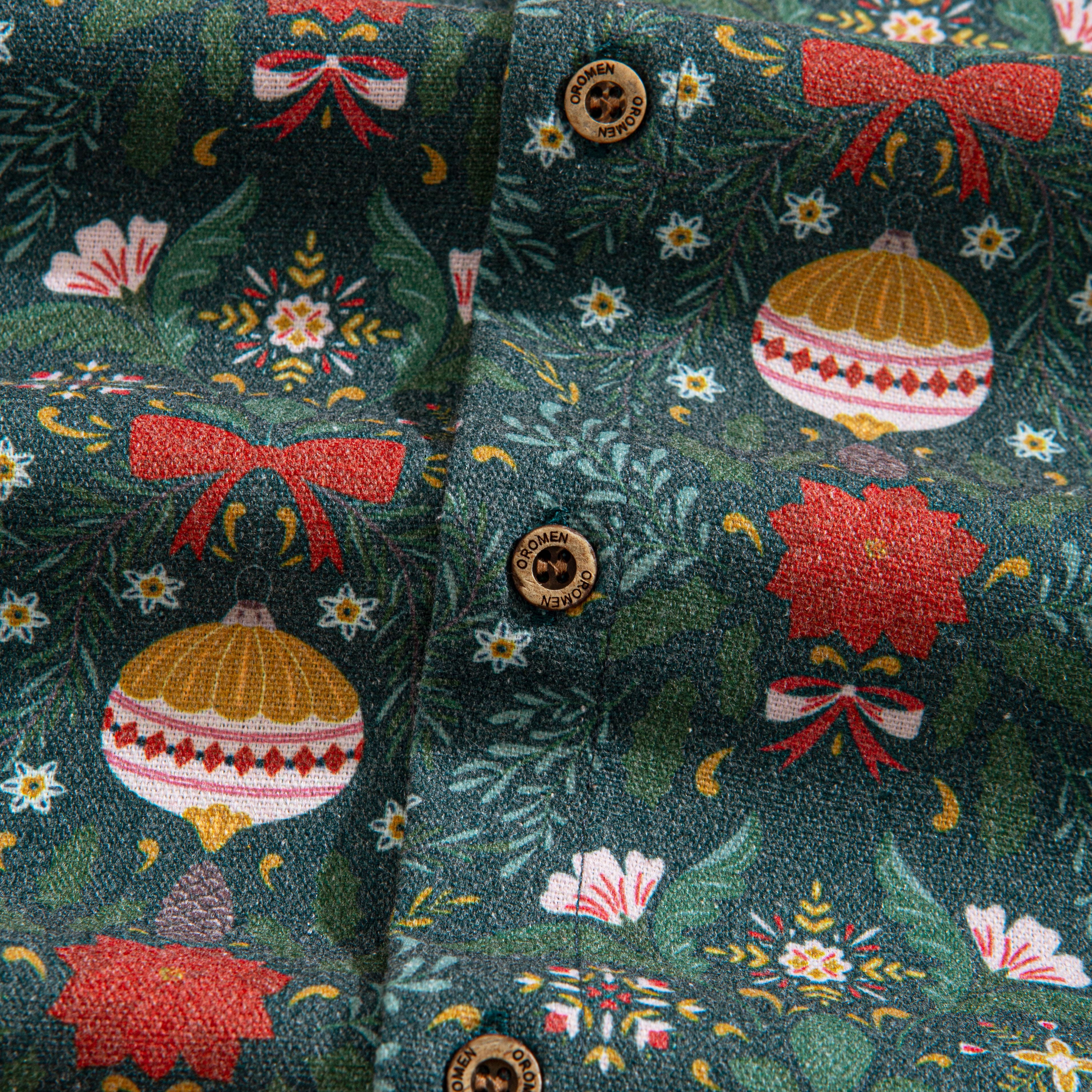 Coconut Button Detail – OROMEN Christmas Ambiance Patchwork Shirt