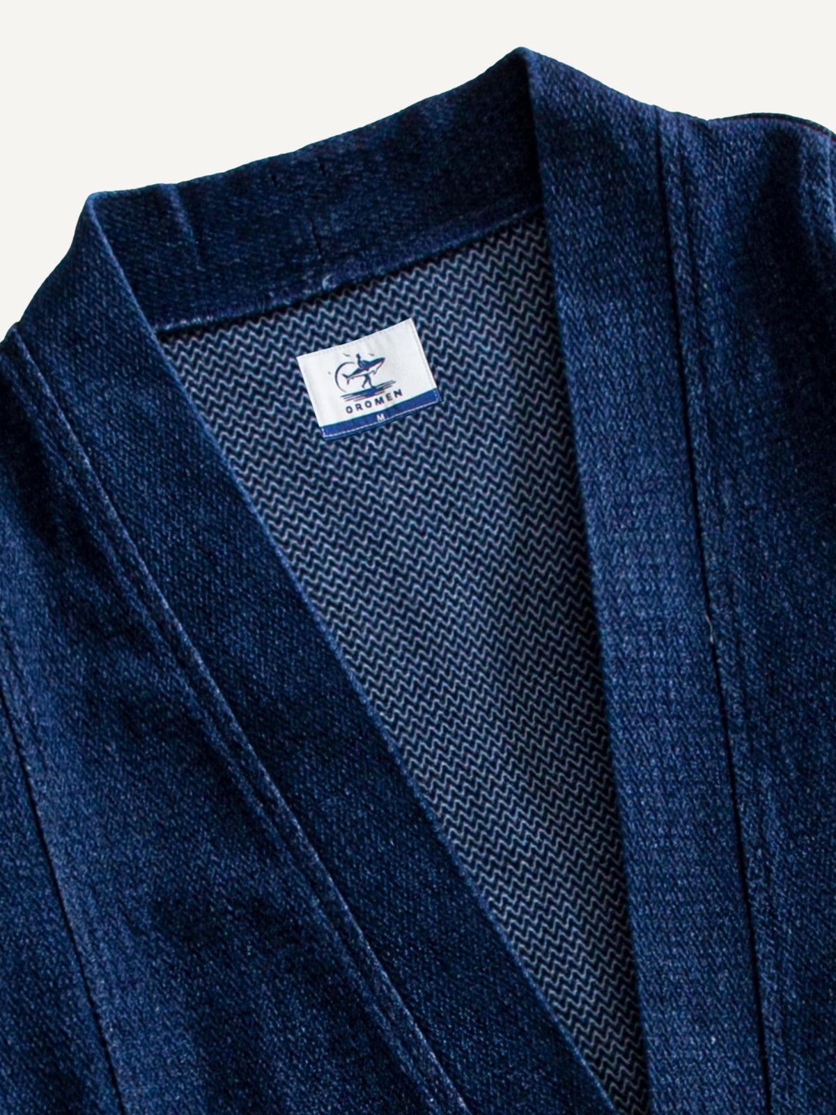 Collar band and neckline detail of OROMEN Indigo Sashiko Haori Kimono