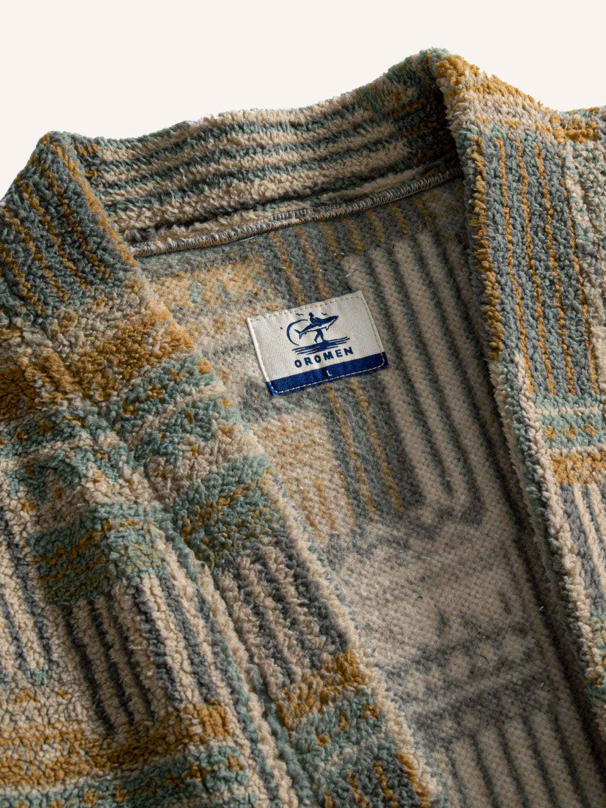 Collar detail of OROMEN architectural mosaic print haori kimono jacket