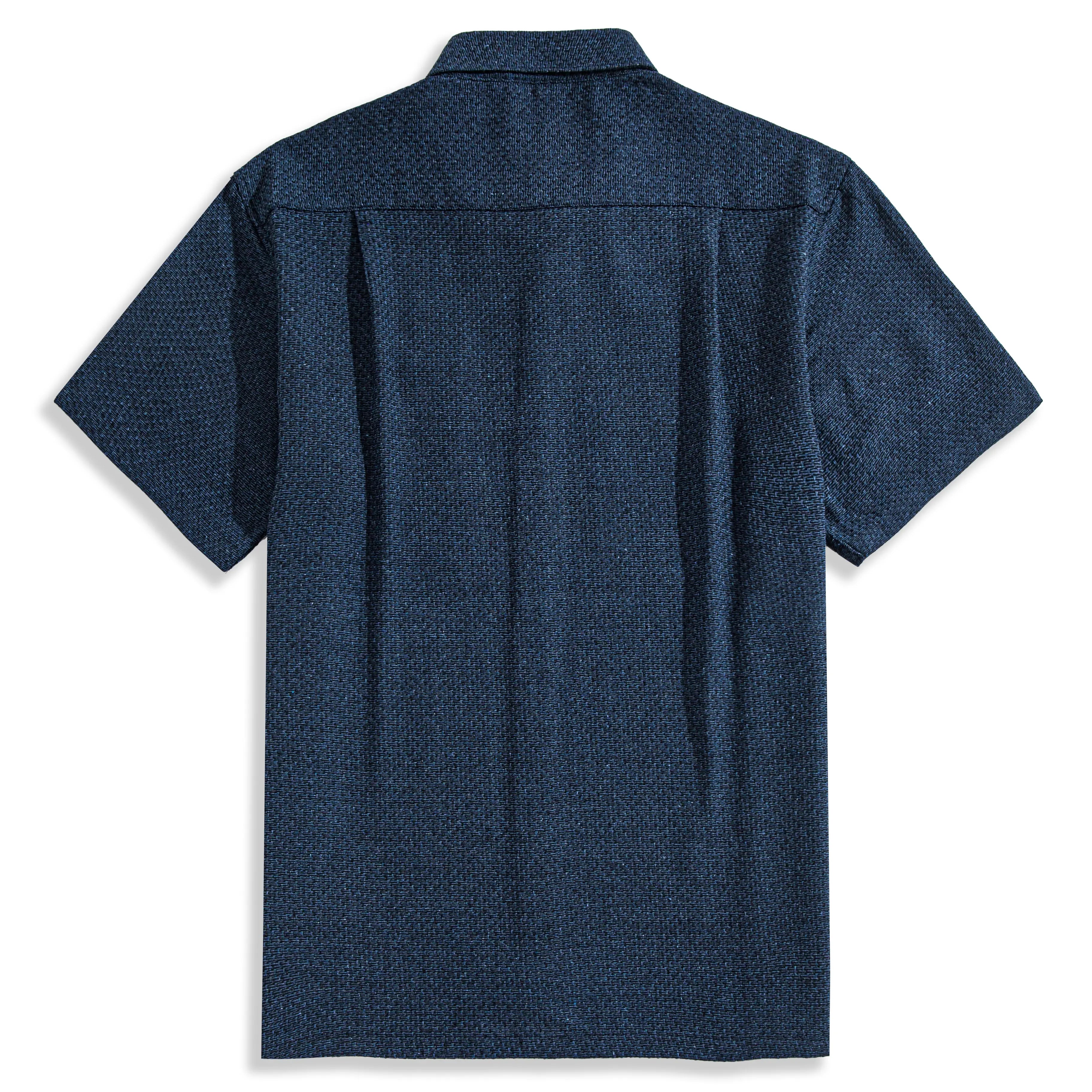 Cotton linen woven shirt back view - box pleat and side vent detail