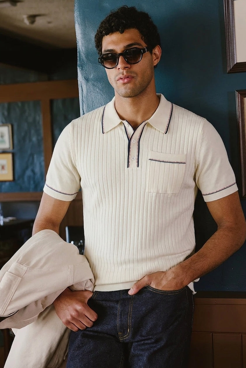 Cream Court Knit Polo - in Model