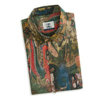 Dunhuang Caves inspired Buddhist mythology detail on cotton aloha shirt