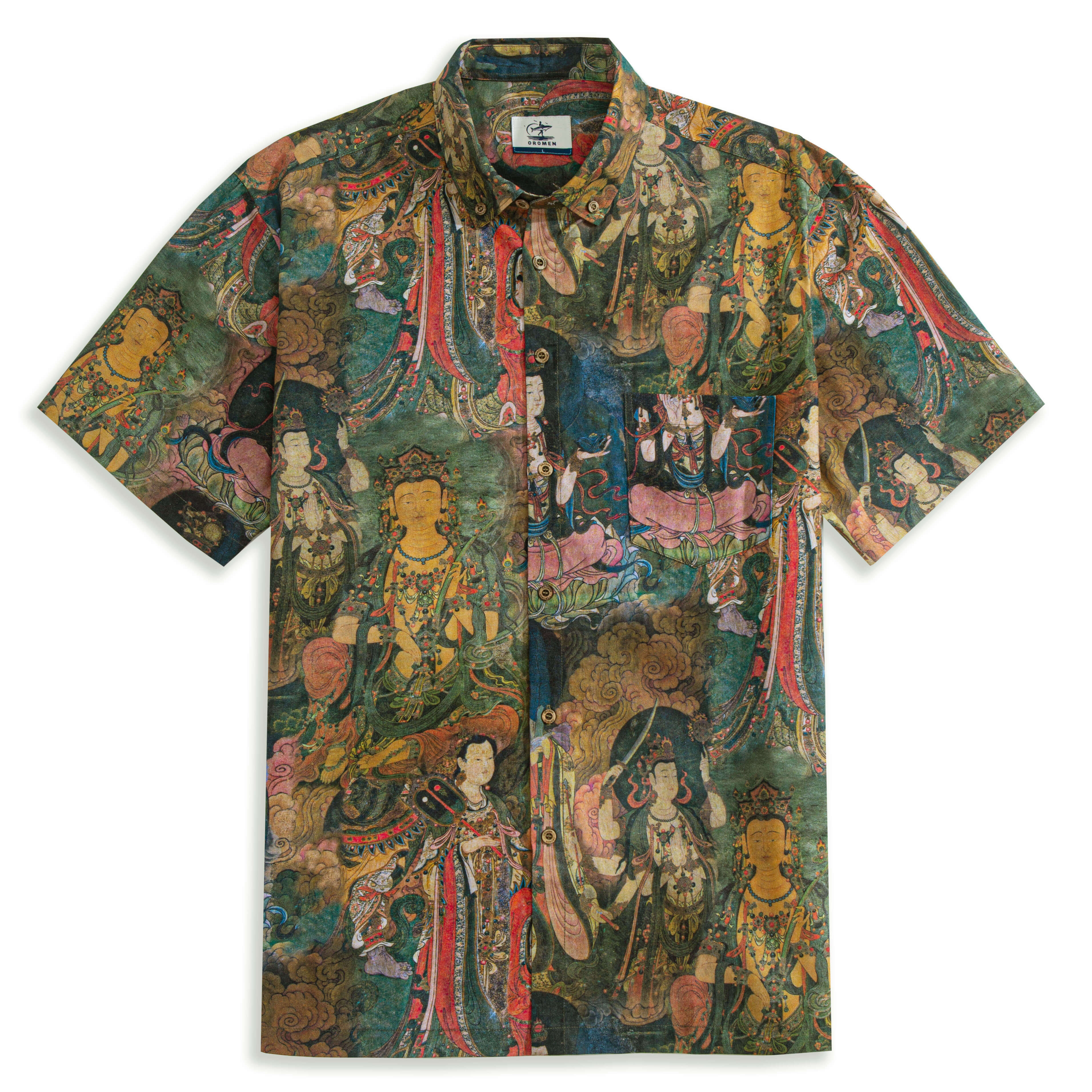 Dunhuang Mythology green cotton aloha shirt with Buddhist mural inspired print