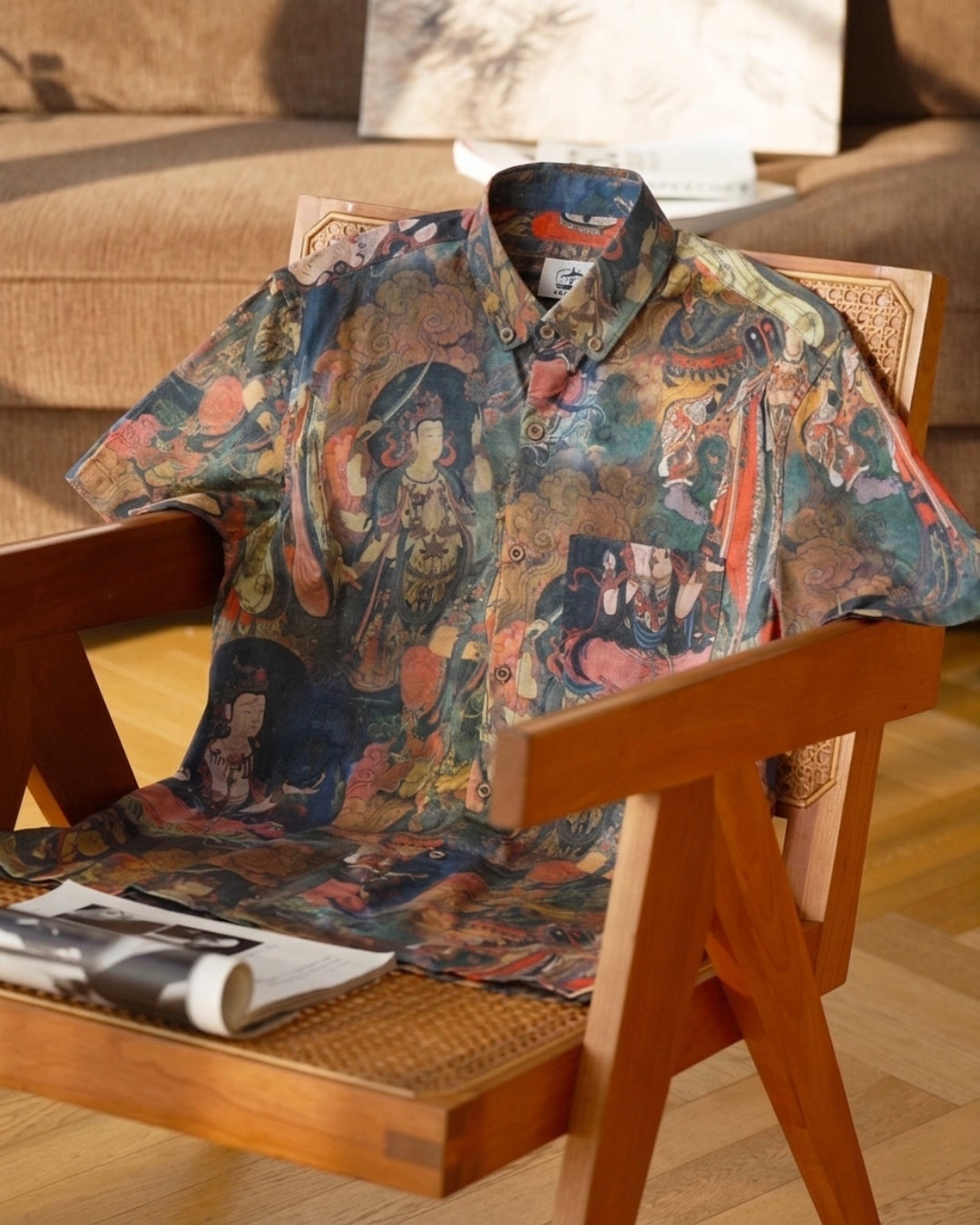Dunhuang Mythology green cotton aloha shirt