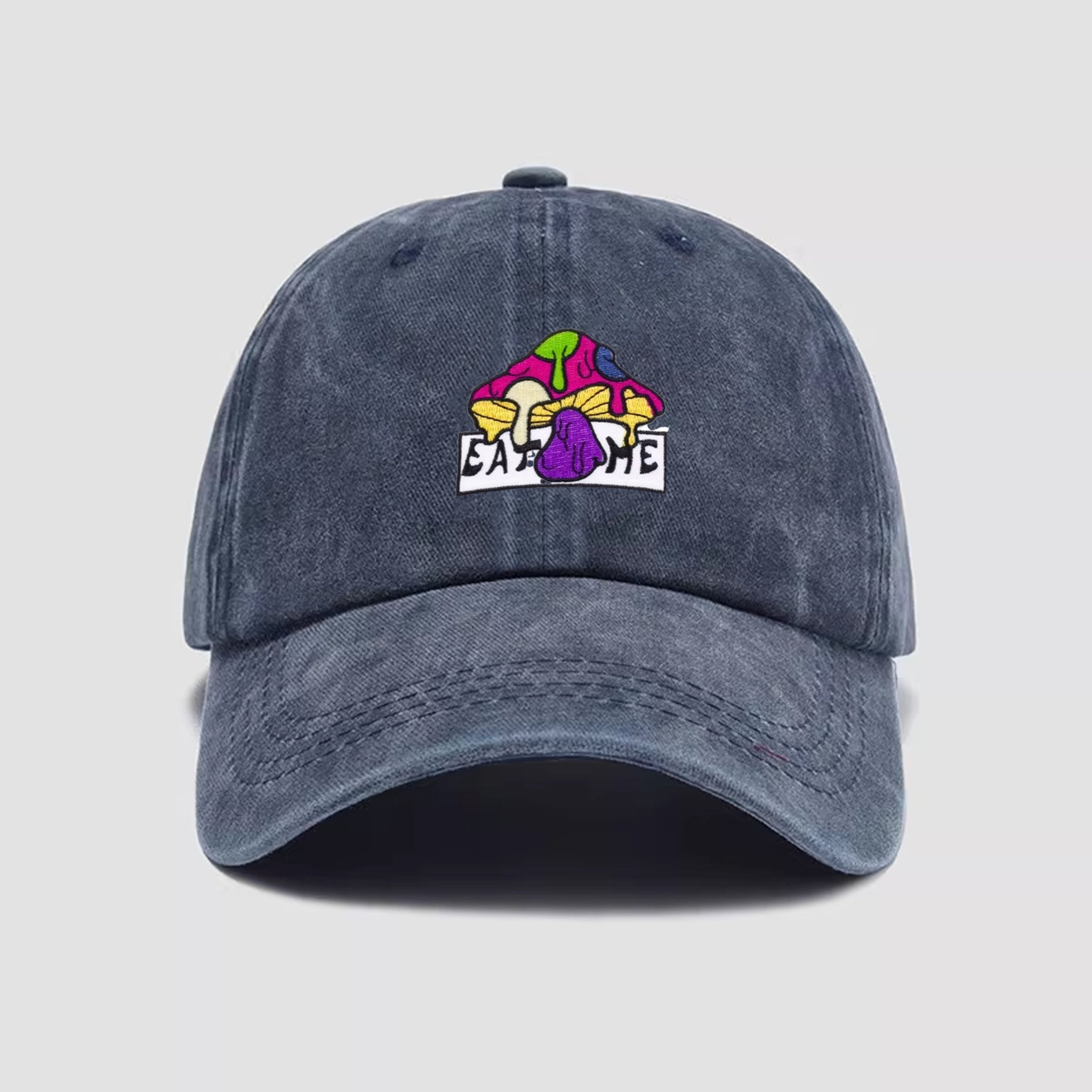 EAT ME Psychedelic Mushroom Hat in Denim Blue - Adjustable Cotton Cap