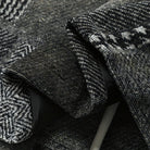 Edge seam detail of OROMEN KIMONO021 Patchwork Kimono Jacket, contrast stitching along patchwork panel border, grey houndstooth