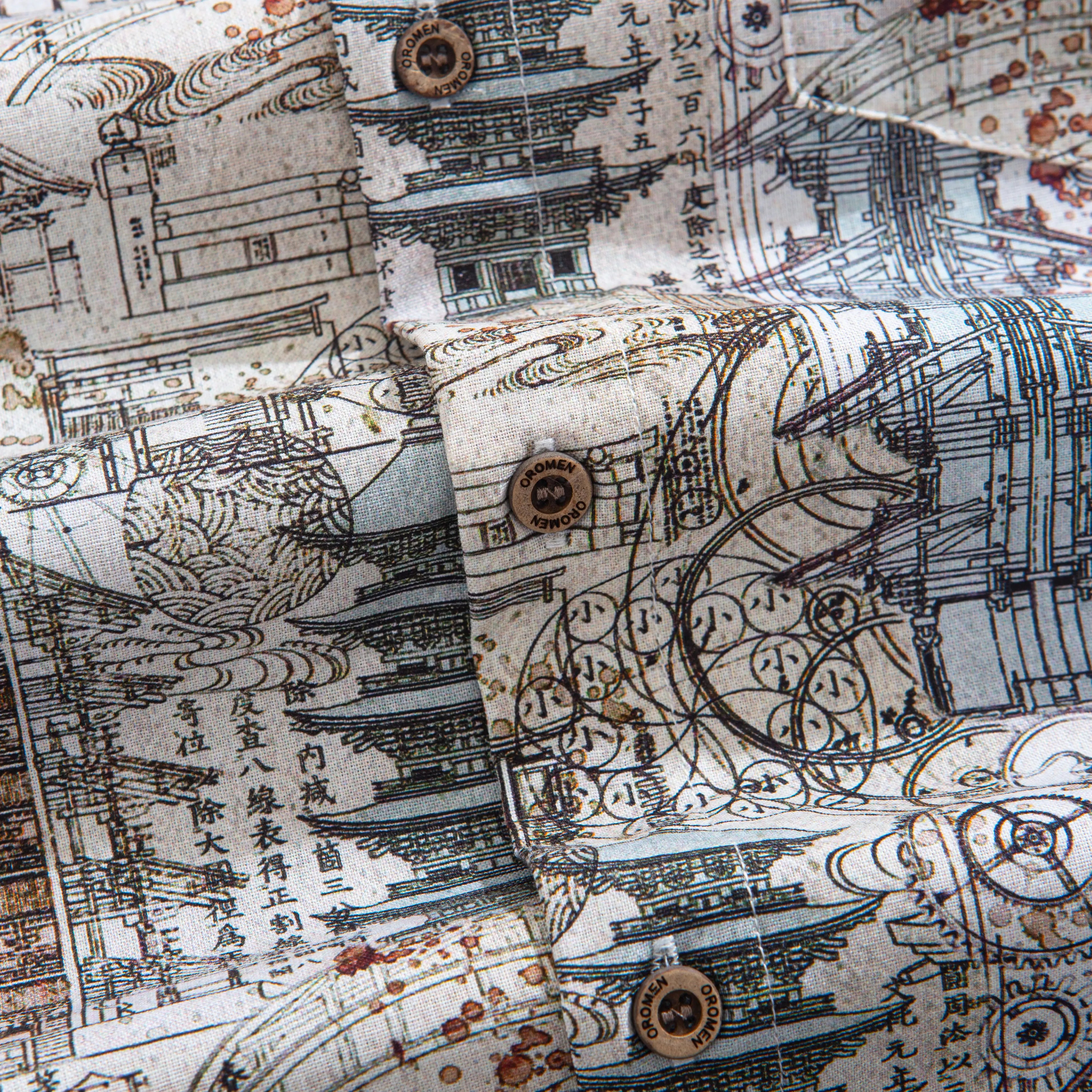 Elegance of Pagodas Aloha Shirt – Coconut Shell Button Detail