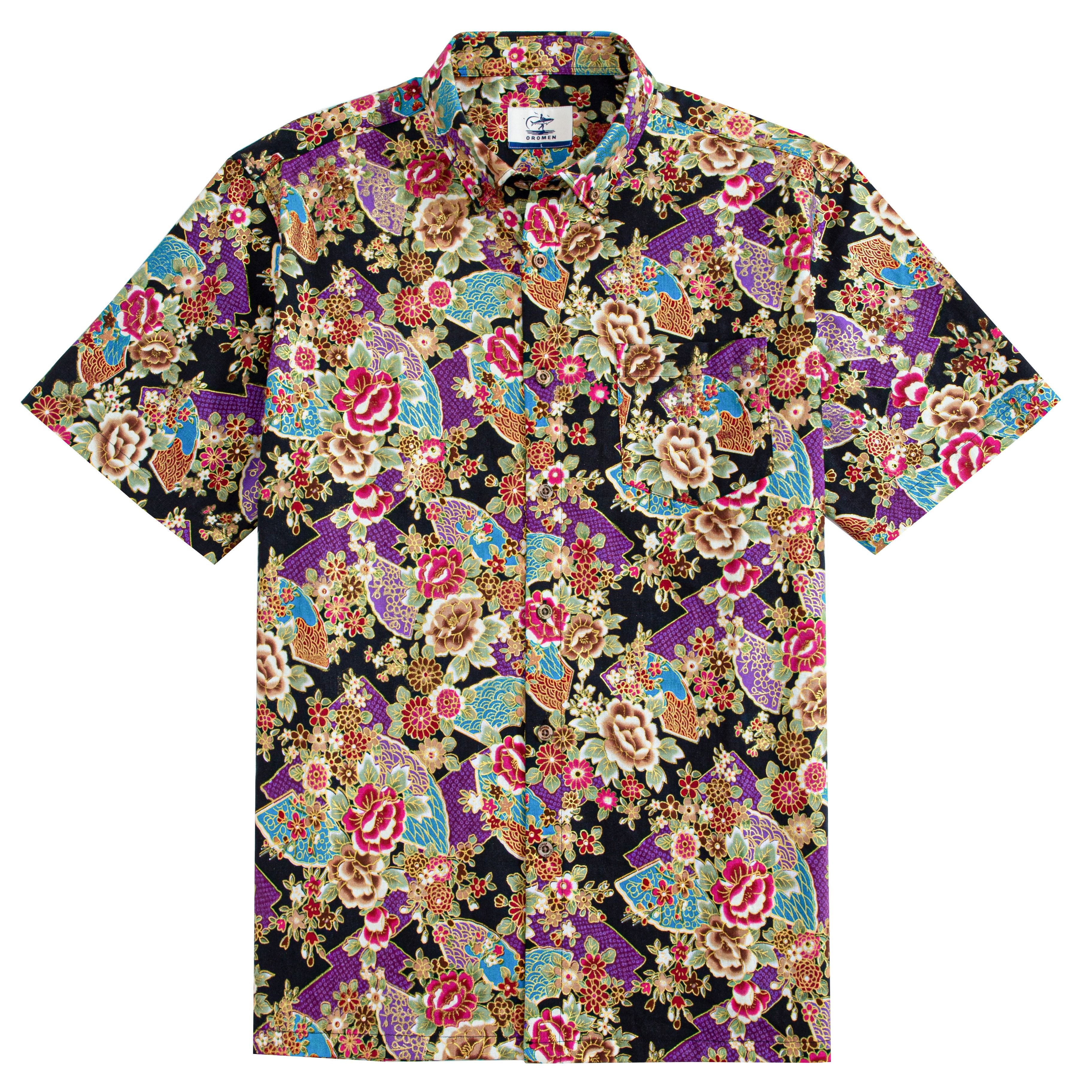 Elegant Peony Japanese Ukiyo-e cotton shirt with vibrant floral print - OROMEN