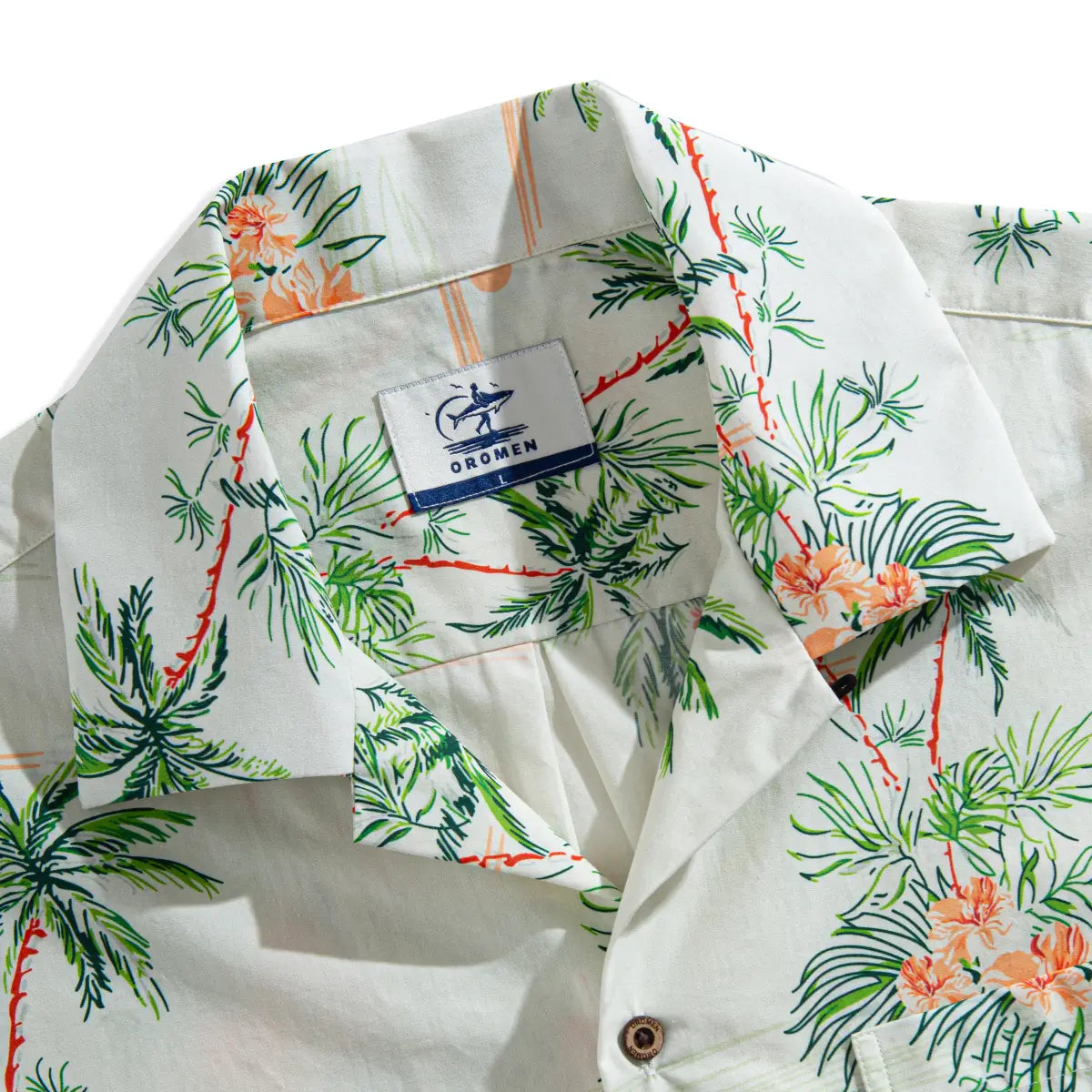 Elegant tropical shirt with hand-painted coconut tree print - camp collar detail