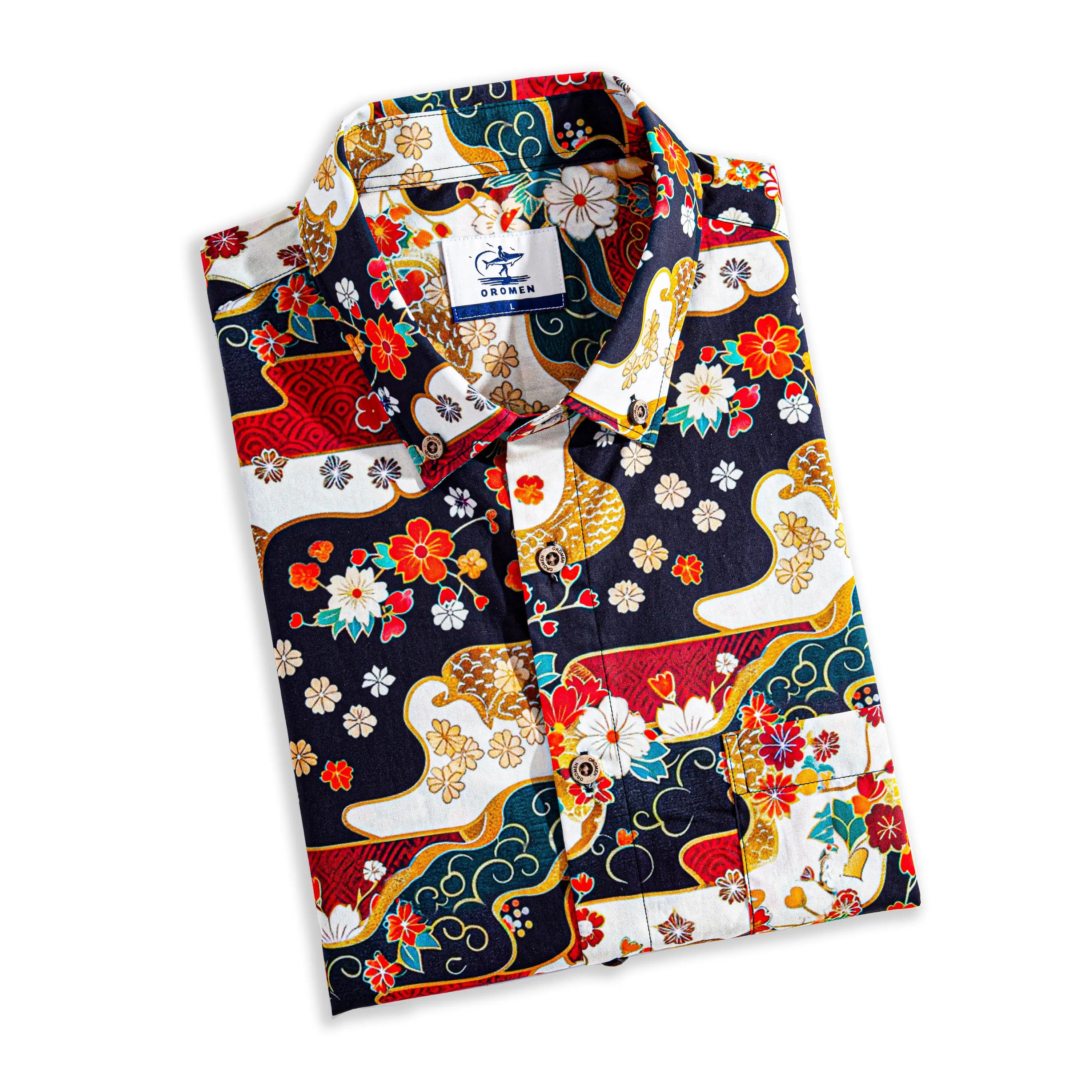 Fireworks Bloom Ukiyo-e shirt folded view showing Japanese fireworks artwork - OROMEN