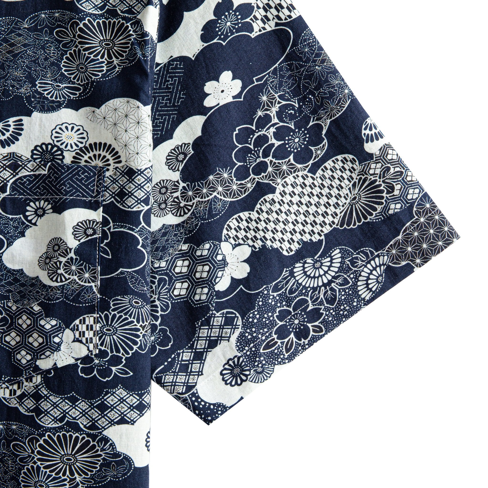 Flat lay of OROMEN Seigaiha Asanoha Sakura Japanese pattern short sleeve shirt in Navy
