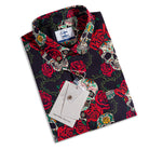 Folded OROMEN Bloom And Death Hawaiian shirt with hang tag – black sugar skull and red rose print, ready to gift
