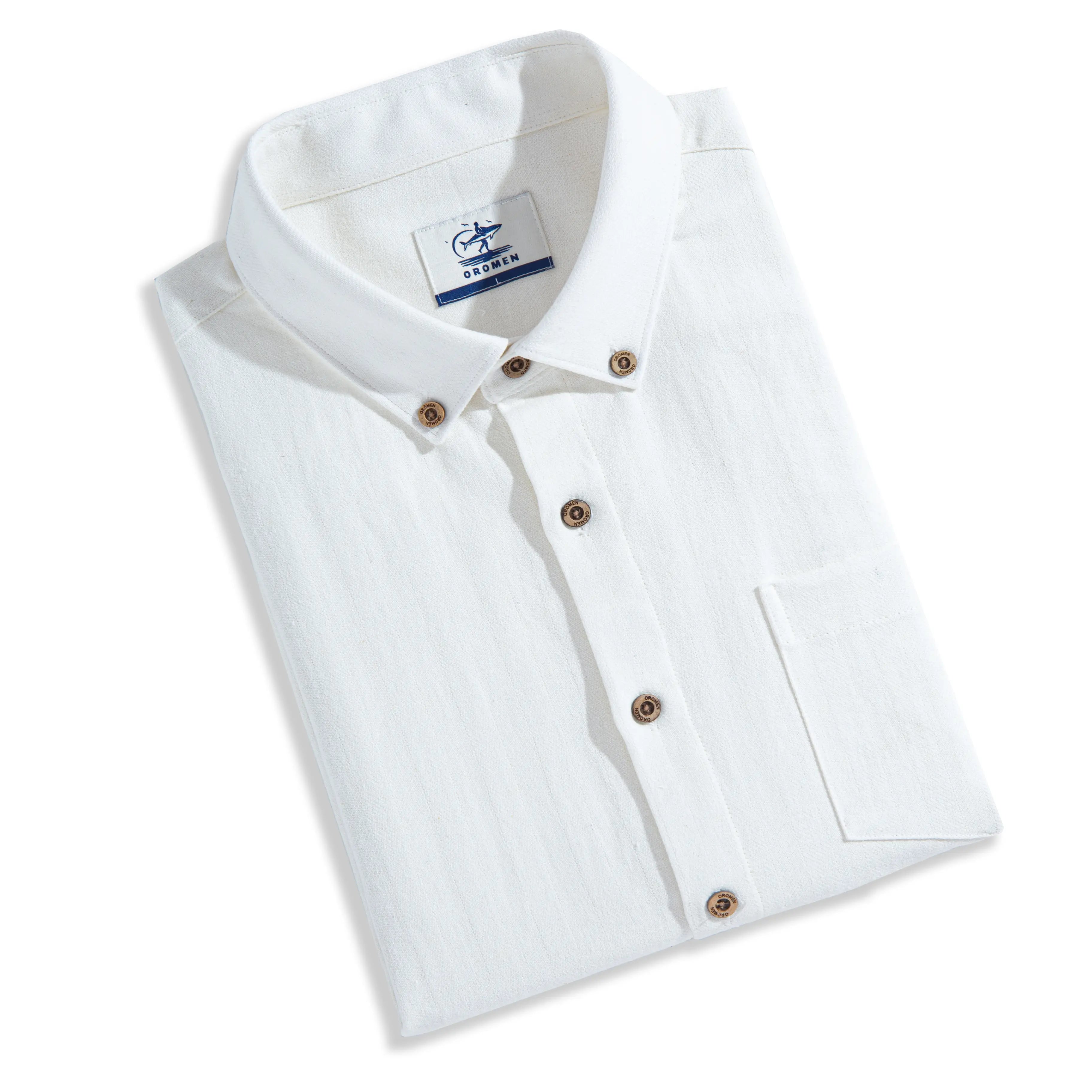 Folded OROMEN Embossed Striped Shirt – white Tencel™ linen button-down with coconut buttons and brand label