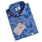 Folded OROMEN Plant Totem Hawaiian shirt with hang tag – navy blue retro totem print, ready to gift