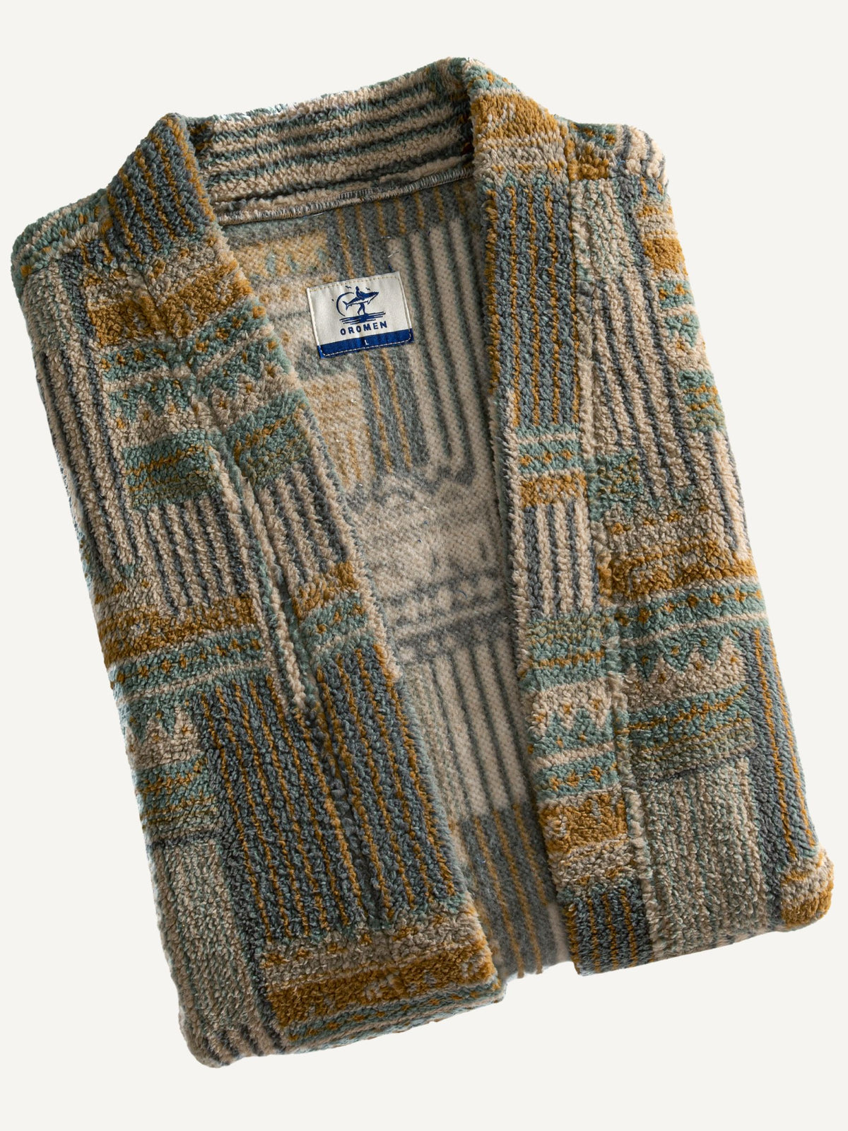 Folded flat lay of OROMEN architectural mosaic print haori kimono jacket