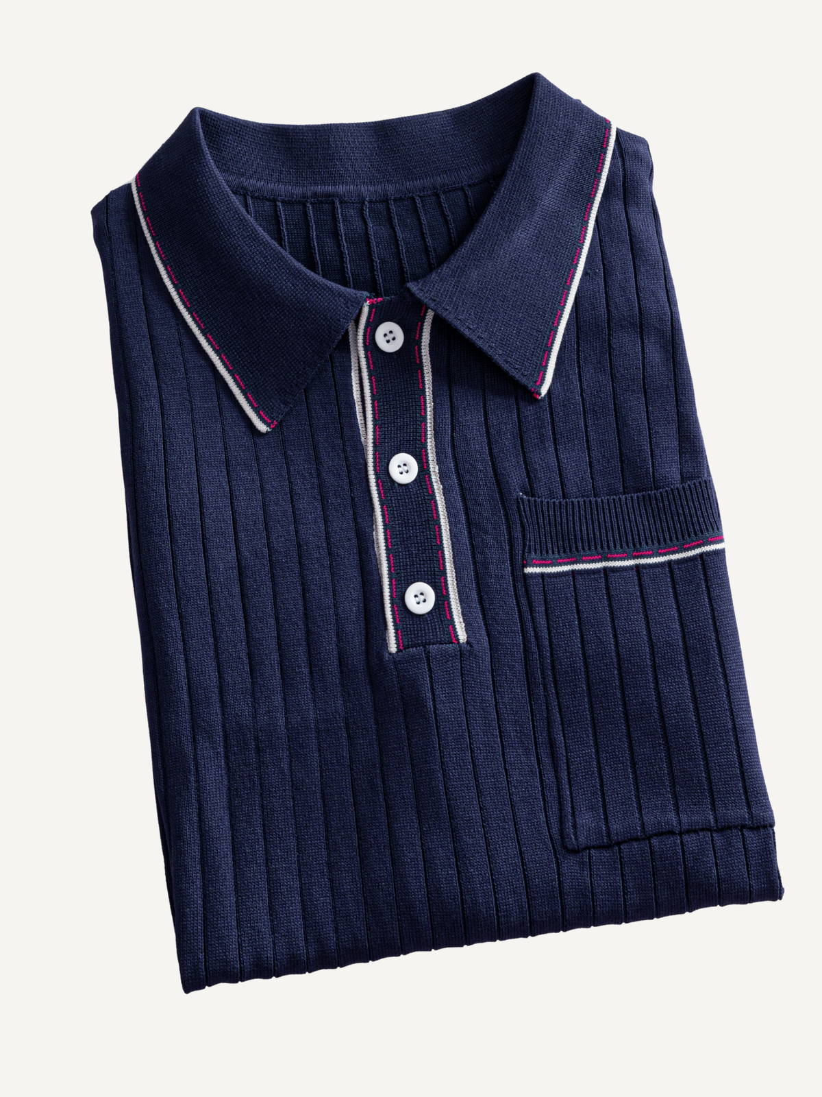 Folded view of OROMEN Contrast-Tipped Ribbed Knit Polo