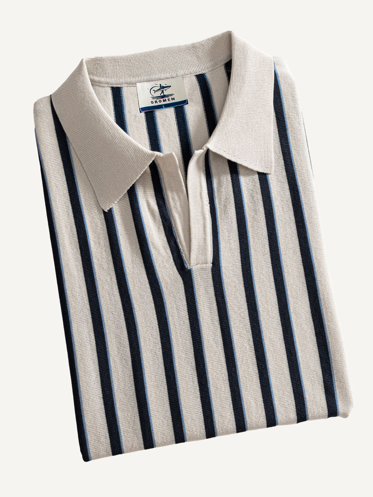 Folded view of OROMEN Stripe Knit Open-Collar Polo
