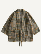 Front flat lay of OROMEN architectural mosaic print haori kimono jacket