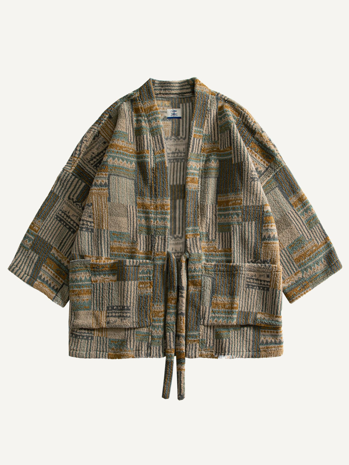 Front flat lay of OROMEN architectural mosaic print haori kimono jacket