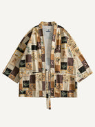Front flat lay of OROMEN beige 100% cotton vintage patchwork floral kimono jacket