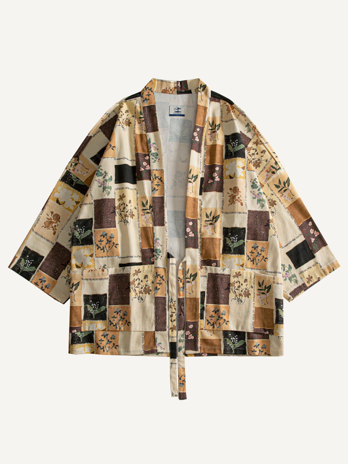 Front flat lay of OROMEN beige 100% cotton vintage patchwork floral kimono jacket