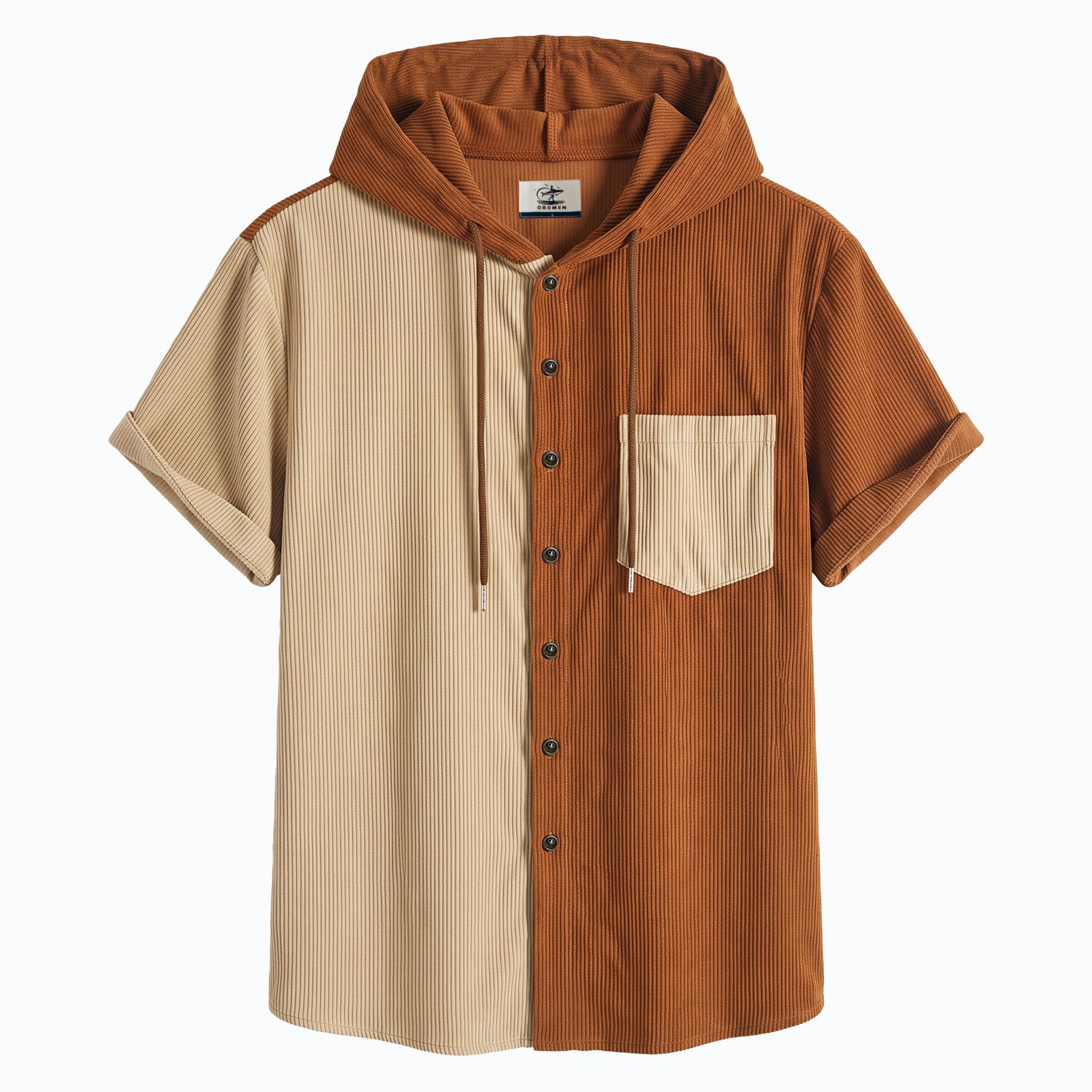 Front flat lay of OROMEN rust and beige corduroy colorblock hooded shirt with button-front closure
