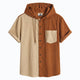 Front flat lay of OROMEN rust and beige corduroy colorblock hooded shirt with button-front closure