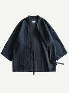 Front flat lay of OROMEN textured tie-front kimono cardigan with one side open