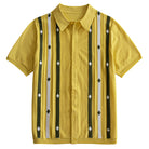 Front flat lay of men's yellow retro stripe diamond jacquard knit shirt on white background – OROMEN
