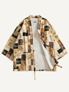 Front flat lay of vintage patchwork floral kimono jacket with one side open