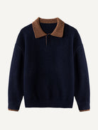 Front flat lay view of OROMEN Contrast Collar Knit Polo Sweater in navy with heathered brown collar