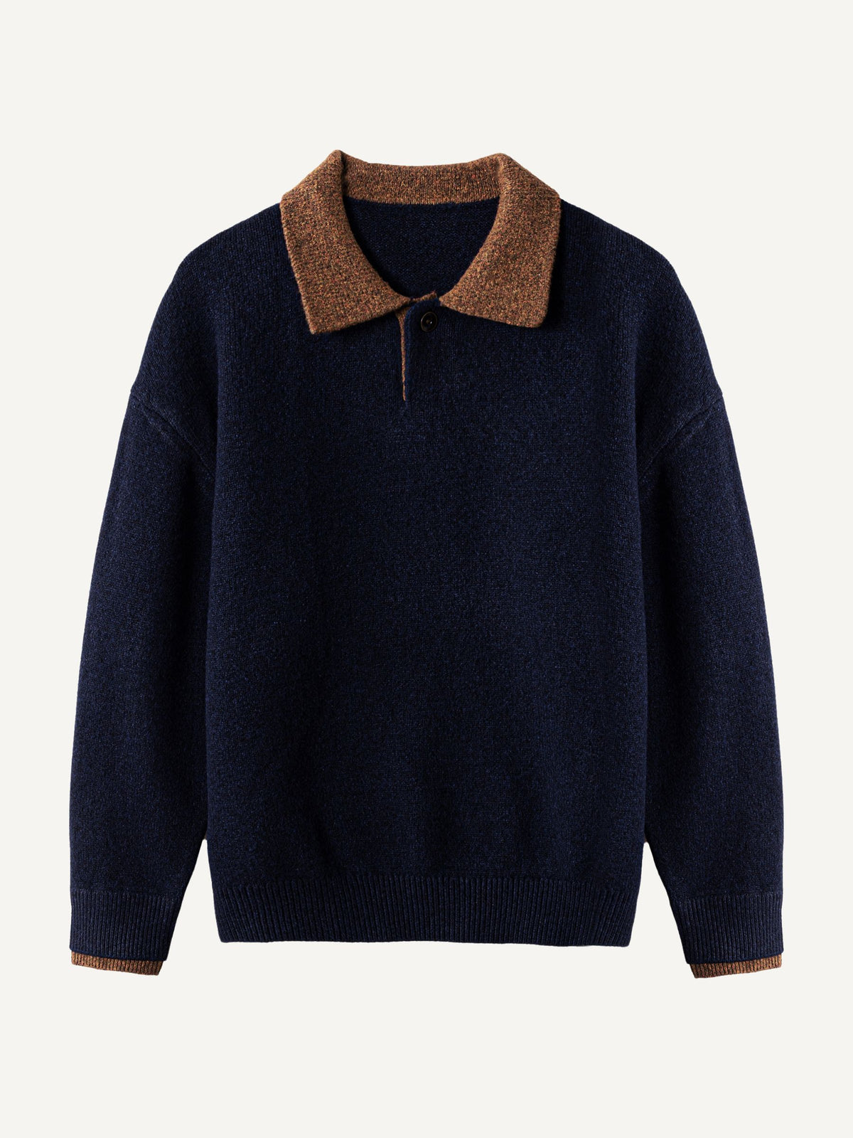 Front flat lay view of OROMEN Contrast Collar Knit Polo Sweater in navy with heathered brown collar