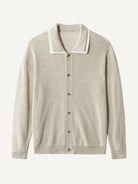 Front flat lay view of OROMEN Contrast Polo Collar Sweater Cardigan in oatmeal with layered white collar