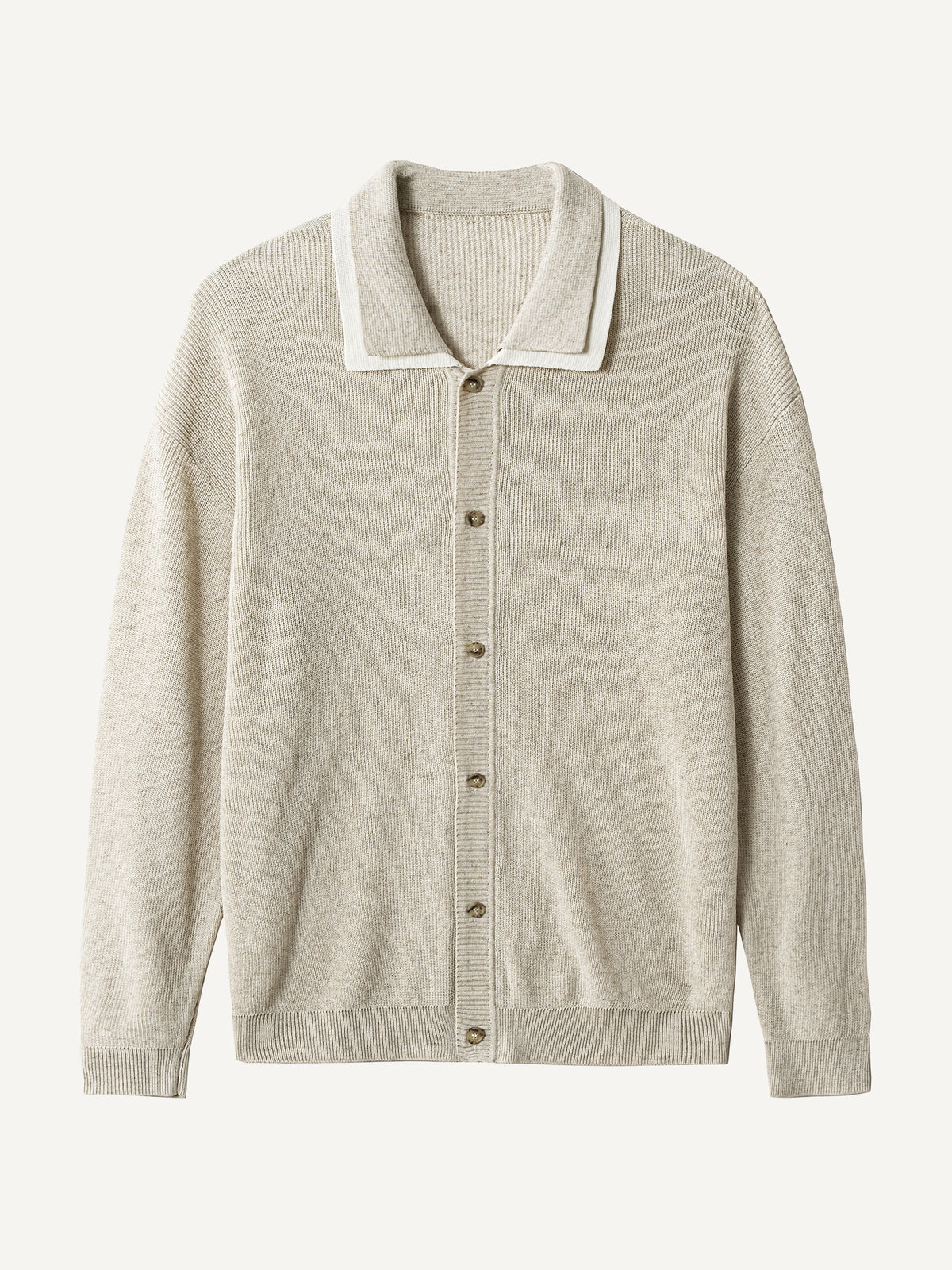 Front flat lay view of OROMEN Contrast Polo Collar Sweater Cardigan in oatmeal with layered white collar